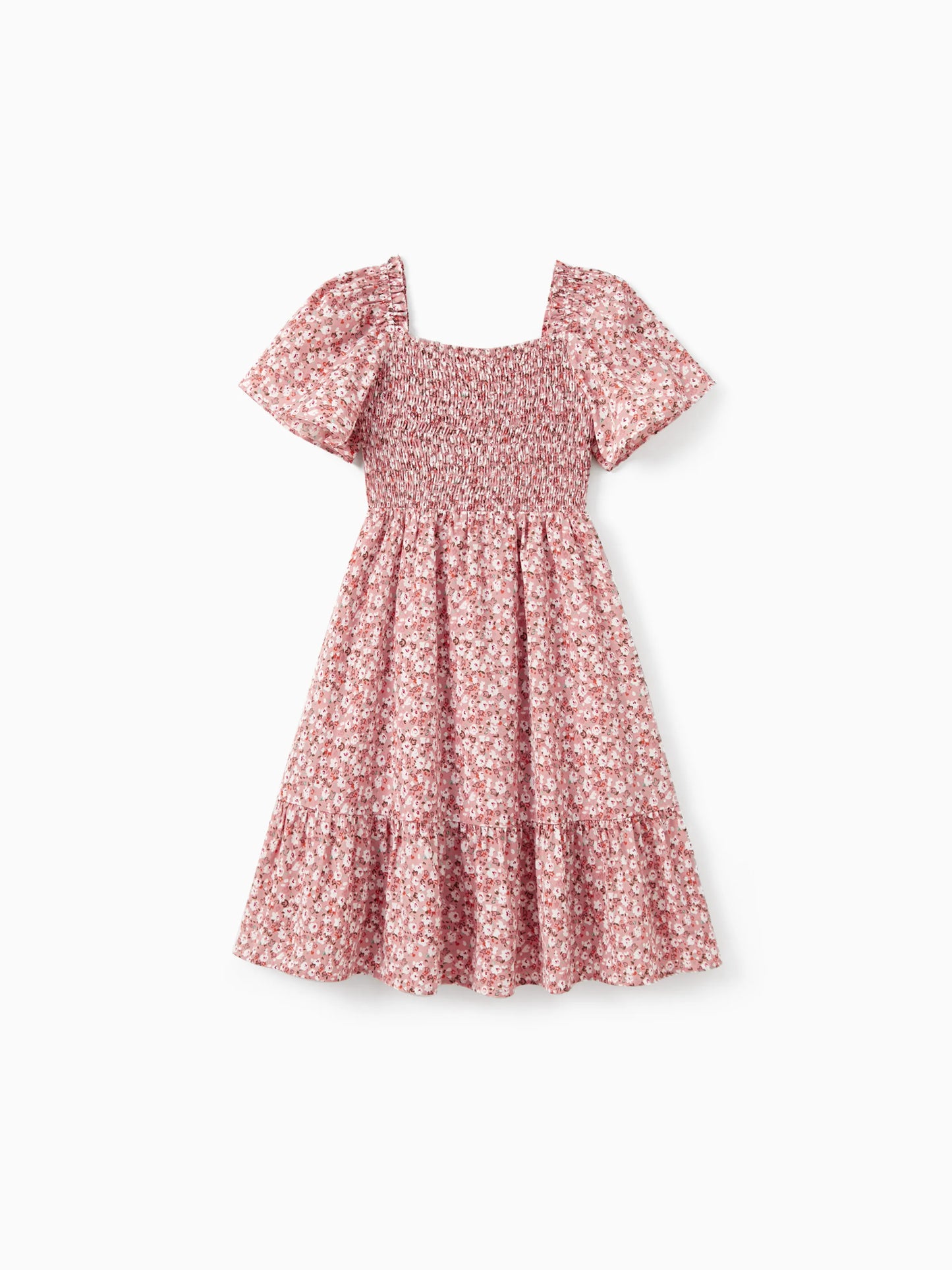 Family Matching Blue Cotton Colorblock Tee Shirt or Floral Print Smocking Puff-sleeve Dress Set  Pink