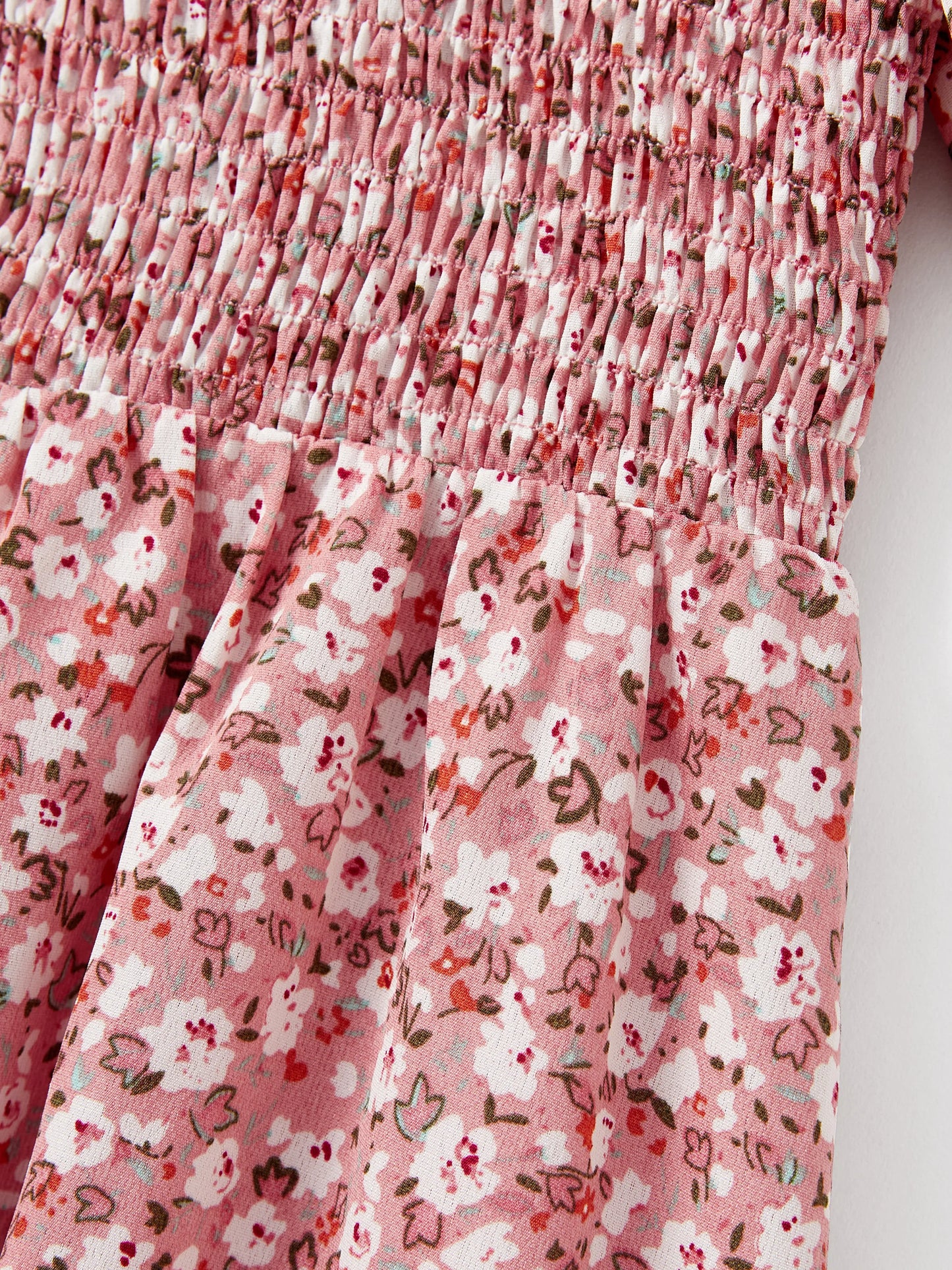 Family Matching Blue Cotton Colorblock Tee Shirt or Floral Print Smocking Puff-sleeve Dress Set  Pink