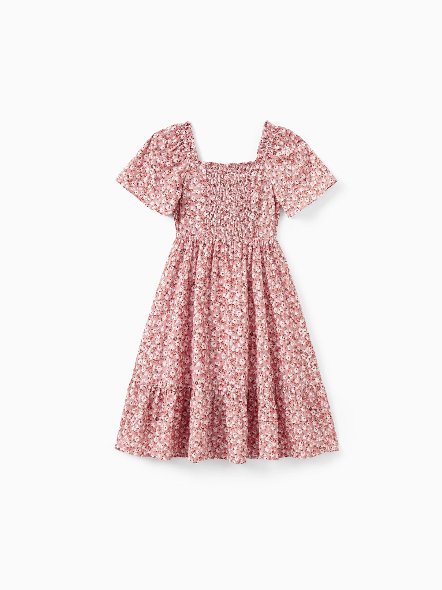 Family Matching Blue Cotton Colorblock Tee Shirt or Floral Print Smocking Puff-sleeve Dress Set  Pink