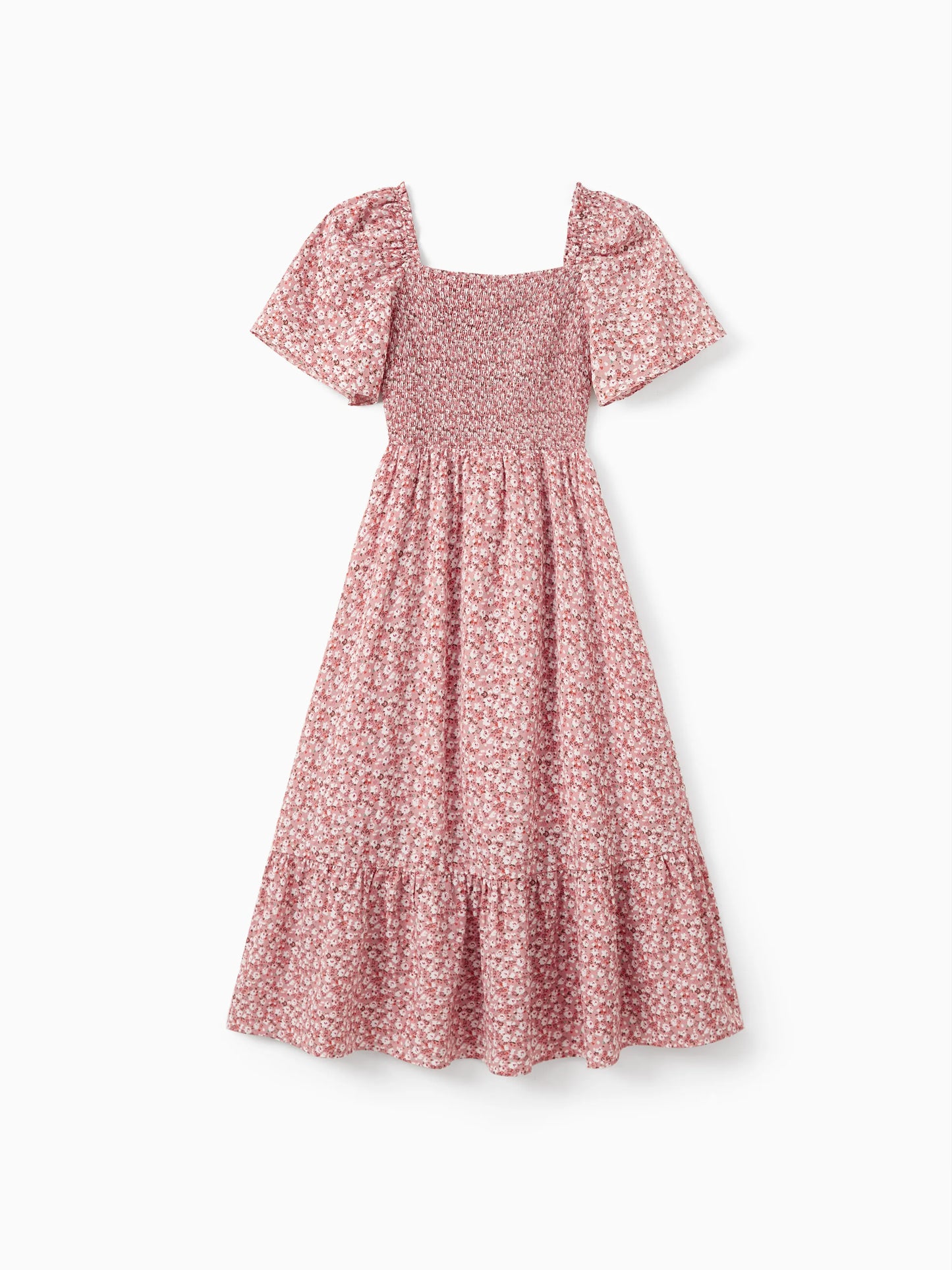 Family Matching Blue Cotton Colorblock Tee Shirt or Floral Print Smocking Puff-sleeve Dress Set  Pink
