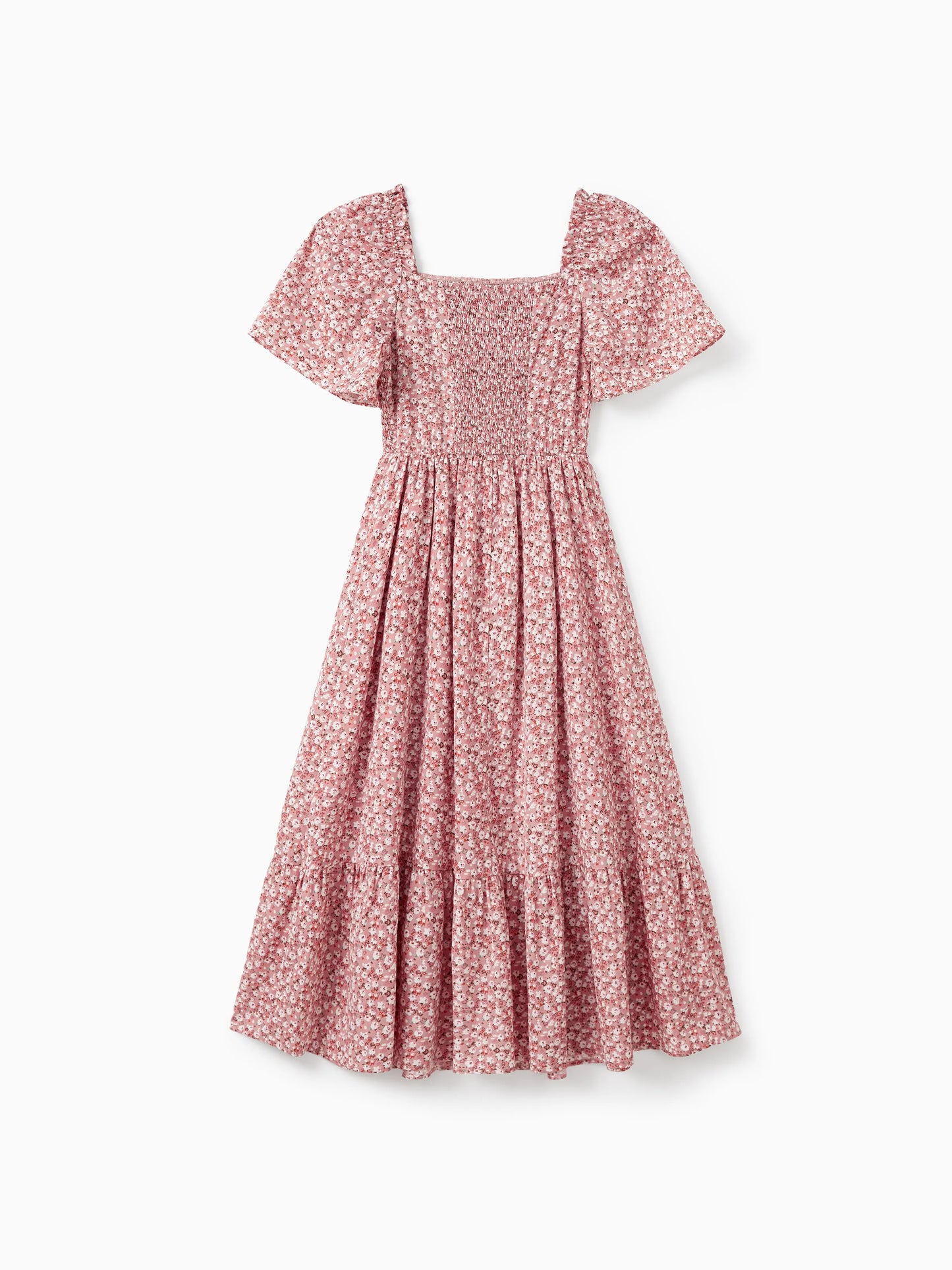 Family Matching Blue Cotton Colorblock Tee Shirt or Floral Print Smocking Puff-sleeve Dress Set  Pink