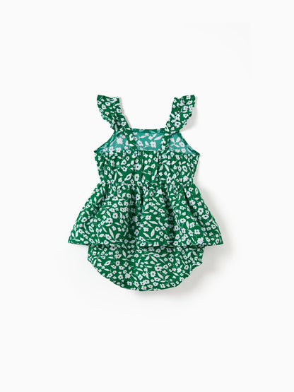 Matching Floral Print Green Smocked Strap Jumpsuits for Mommy and Me Green