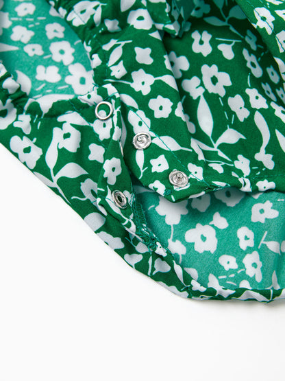 Matching Floral Print Green Smocked Strap Jumpsuits for Mommy and Me Green