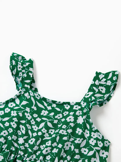 Matching Floral Print Green Smocked Strap Jumpsuits for Mommy and Me Green