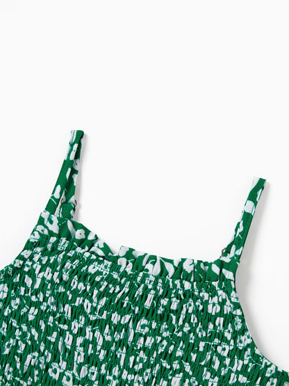 Matching Floral Print Green Smocked Strap Jumpsuits for Mommy and Me Green