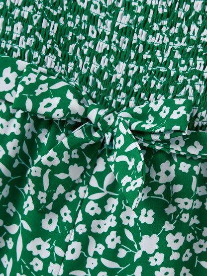 Matching Floral Print Green Smocked Strap Jumpsuits for Mommy and Me Green