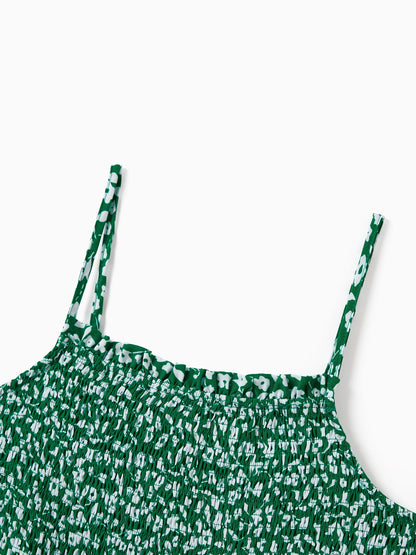 Matching Floral Print Green Smocked Strap Jumpsuits for Mommy and Me Green