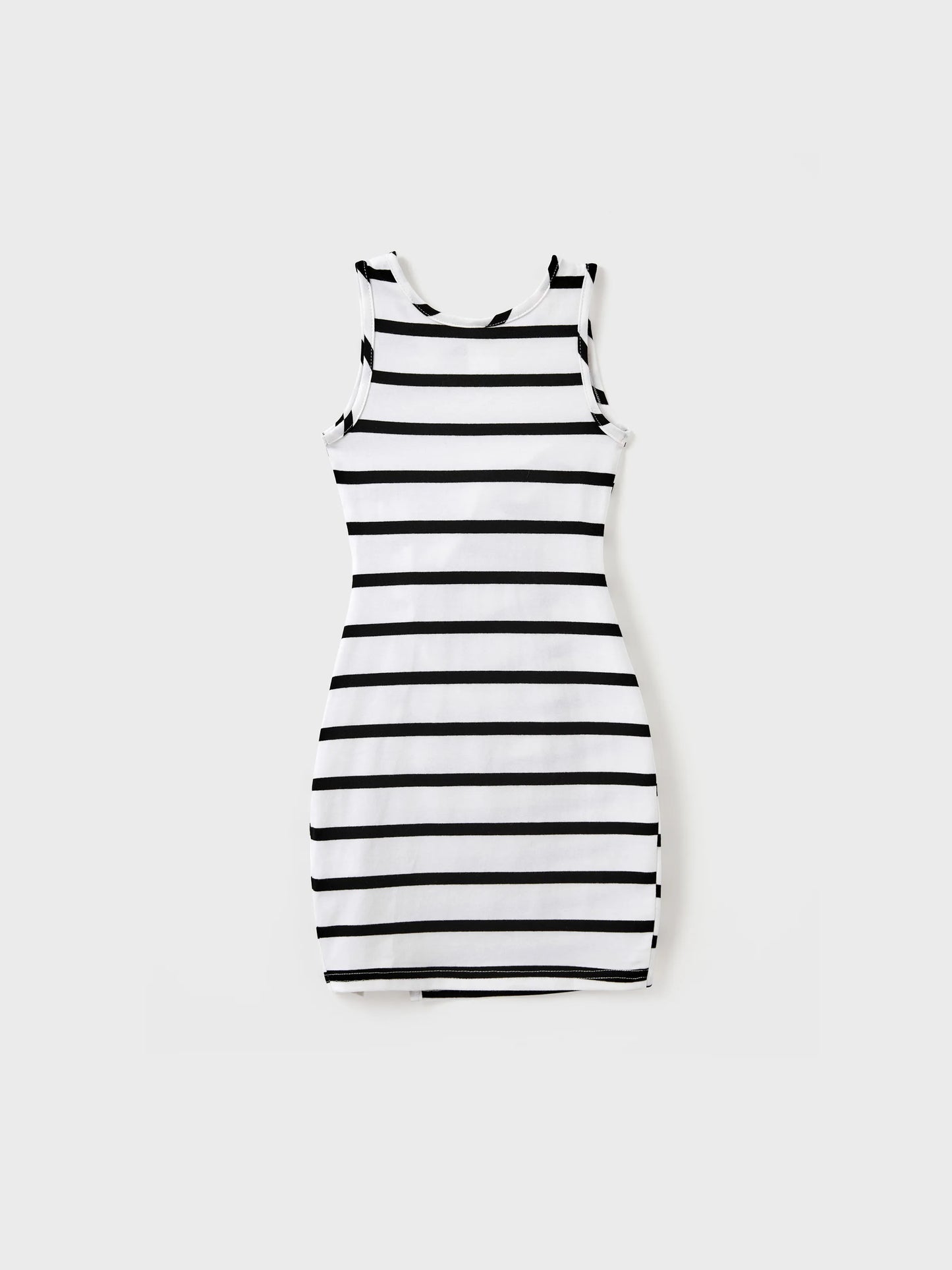 Family Matching Cotton Set Black and White Stripe T-shirt or Strap Bodycon Dress Black+White