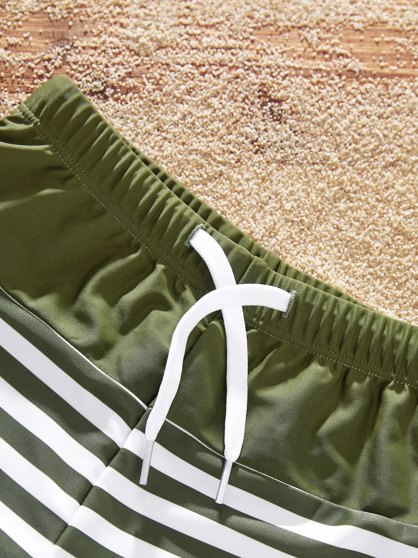 Family Matching Colorblock Stripe Swim Trunks or One Piece One Shoulder Swimsuit Army green