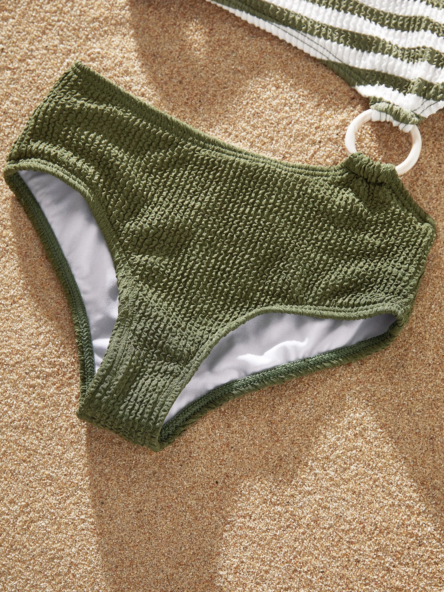 Family Matching Colorblock Stripe Swim Trunks or One Piece One Shoulder Swimsuit Army green