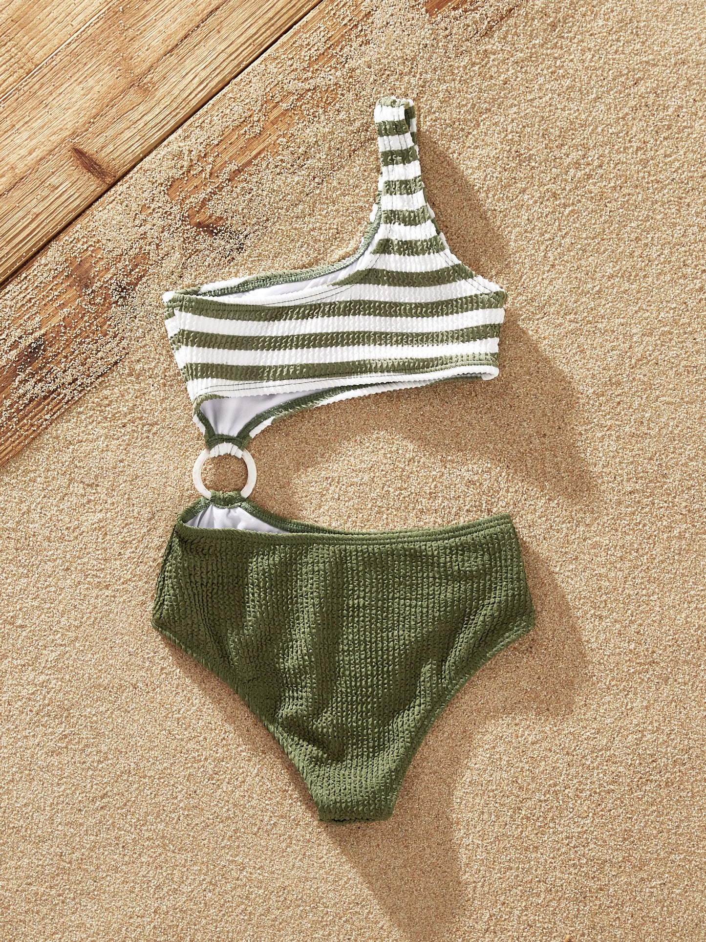 Family Matching Colorblock Stripe Swim Trunks or One Piece One Shoulder Swimsuit Army green