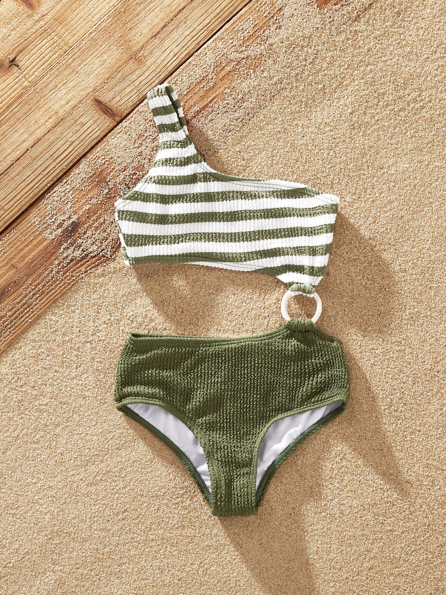 Family Matching Colorblock Stripe Swim Trunks or One Piece One Shoulder Swimsuit Army green