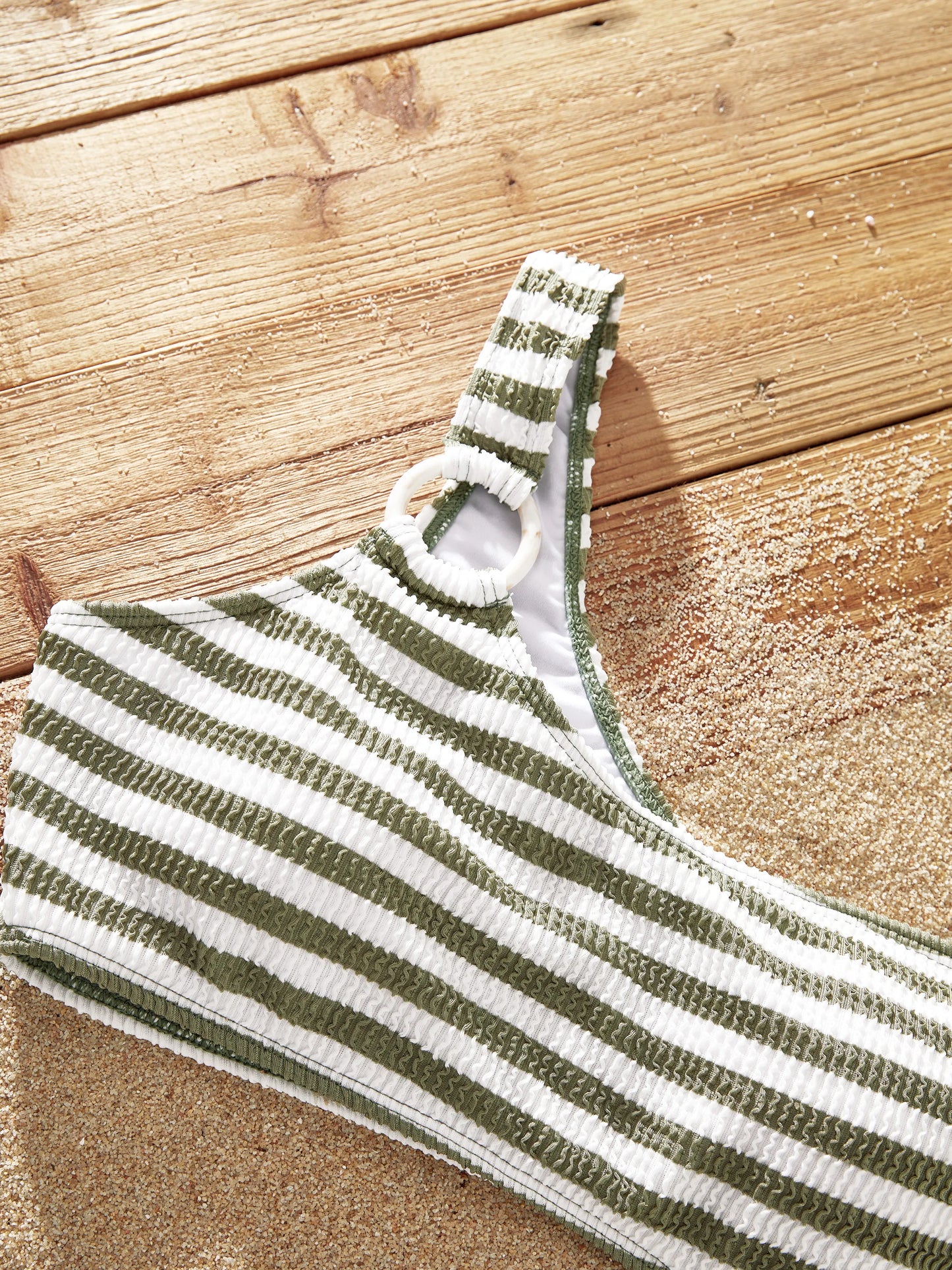 Family Matching Colorblock Stripe Swim Trunks or One Piece One Shoulder Swimsuit Army green