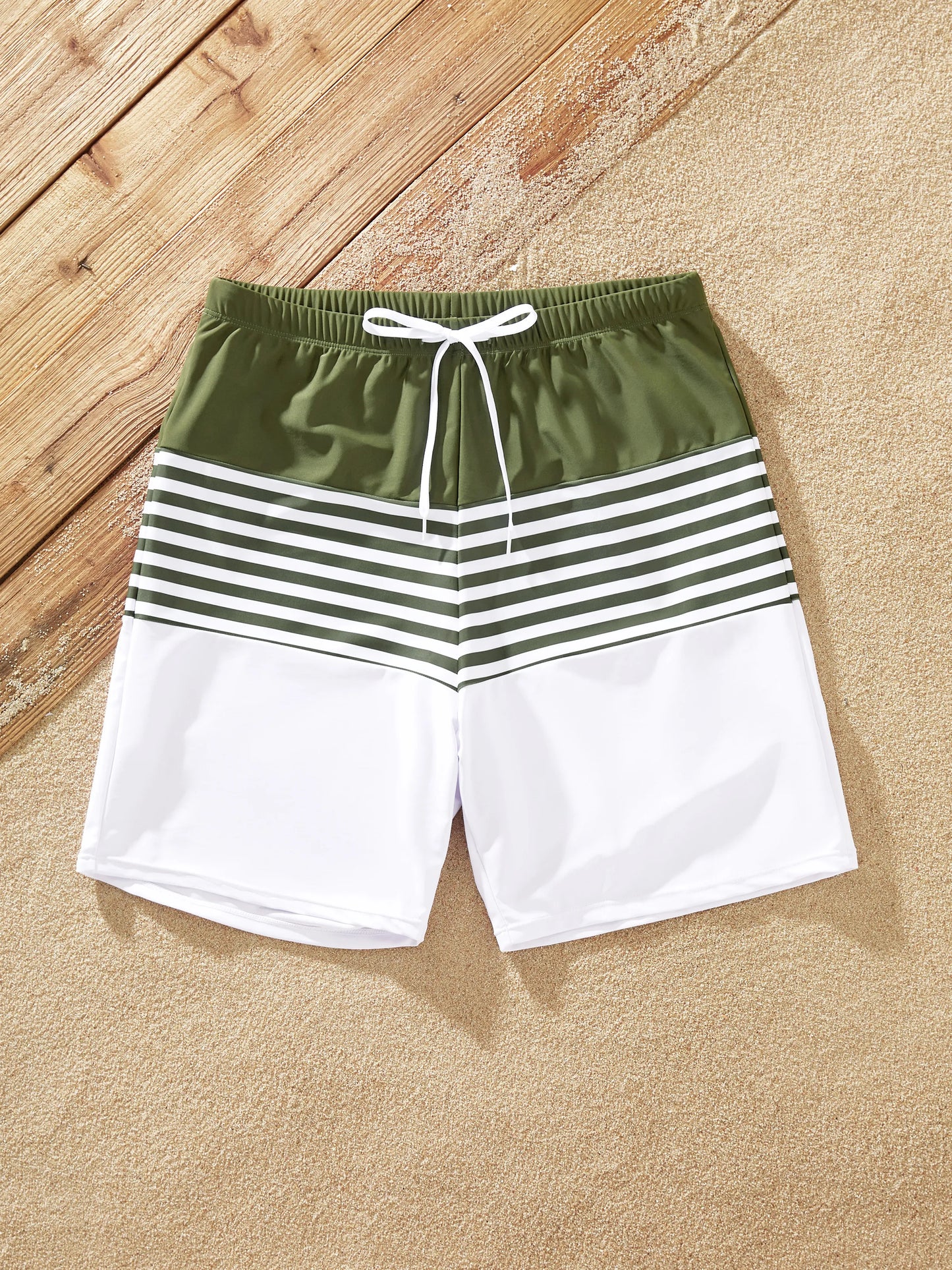 Family Matching Colorblock Stripe Swim Trunks or One Piece One Shoulder Swimsuit Army green