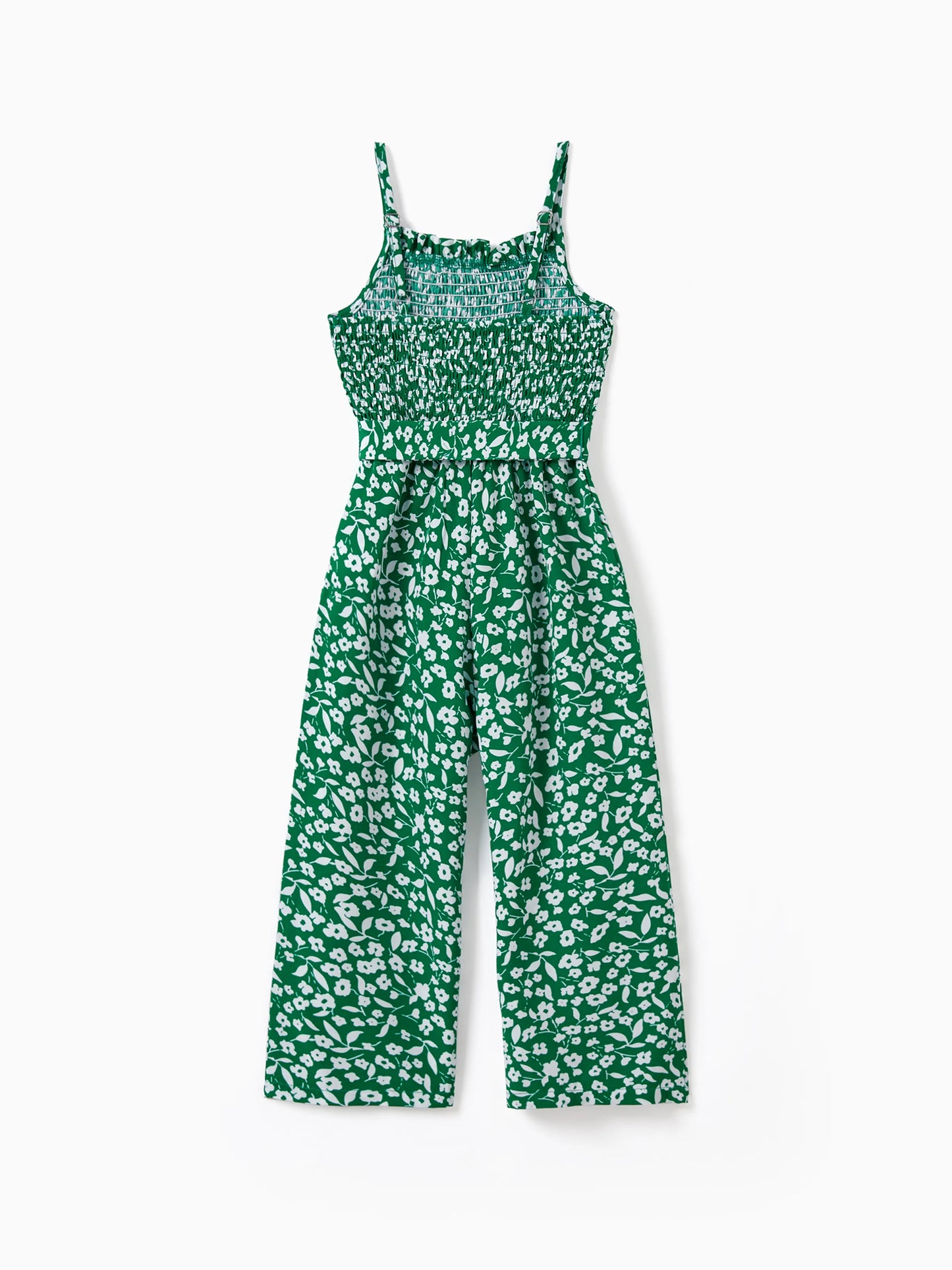 Matching Floral Print Green Smocked Strap Jumpsuits for Mommy and Me Green