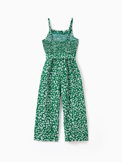 Matching Floral Print Green Smocked Strap Jumpsuits for Mommy and Me Green