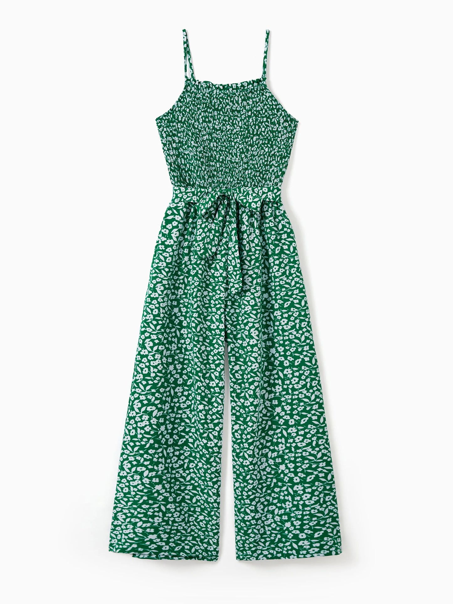 Matching Floral Print Green Smocked Strap Jumpsuits for Mommy and Me Green