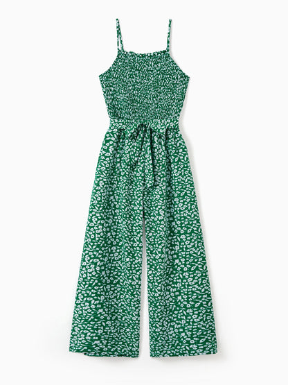 Matching Floral Print Green Smocked Strap Jumpsuits for Mommy and Me Green