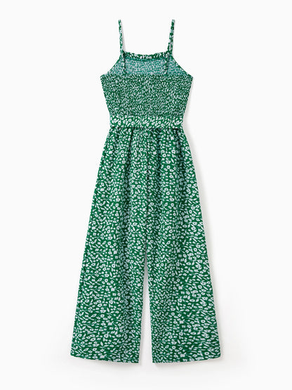 Matching Floral Print Green Smocked Strap Jumpsuits for Mommy and Me Green