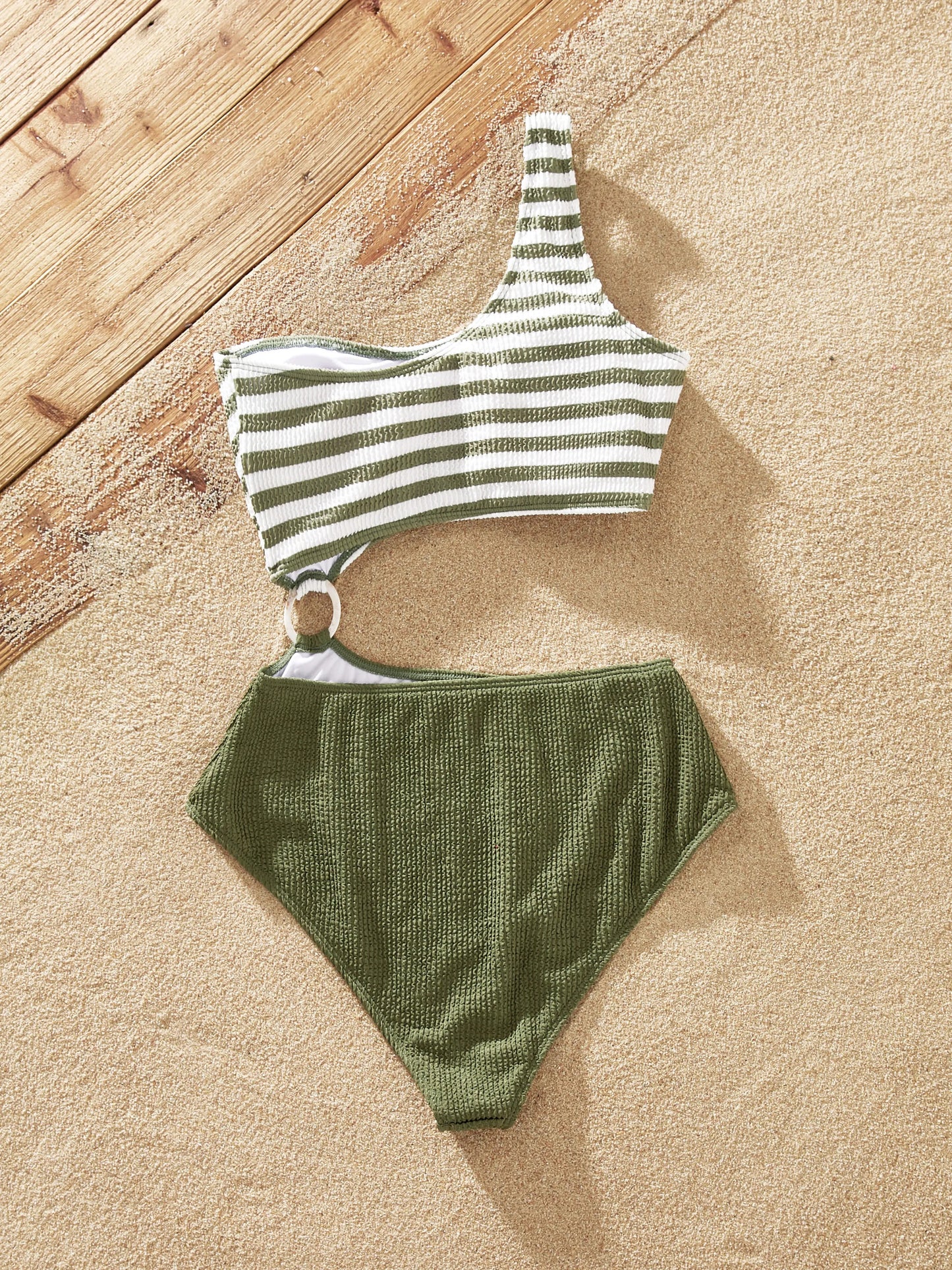 Family Matching Colorblock Stripe Swim Trunks or One Piece One Shoulder Swimsuit Army green