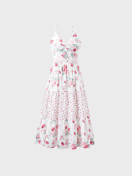 Family Matching Outfits Set Solid Color Short-sleeve Polo Collar Shirt or Flower Print Hollow out Dress  Pink