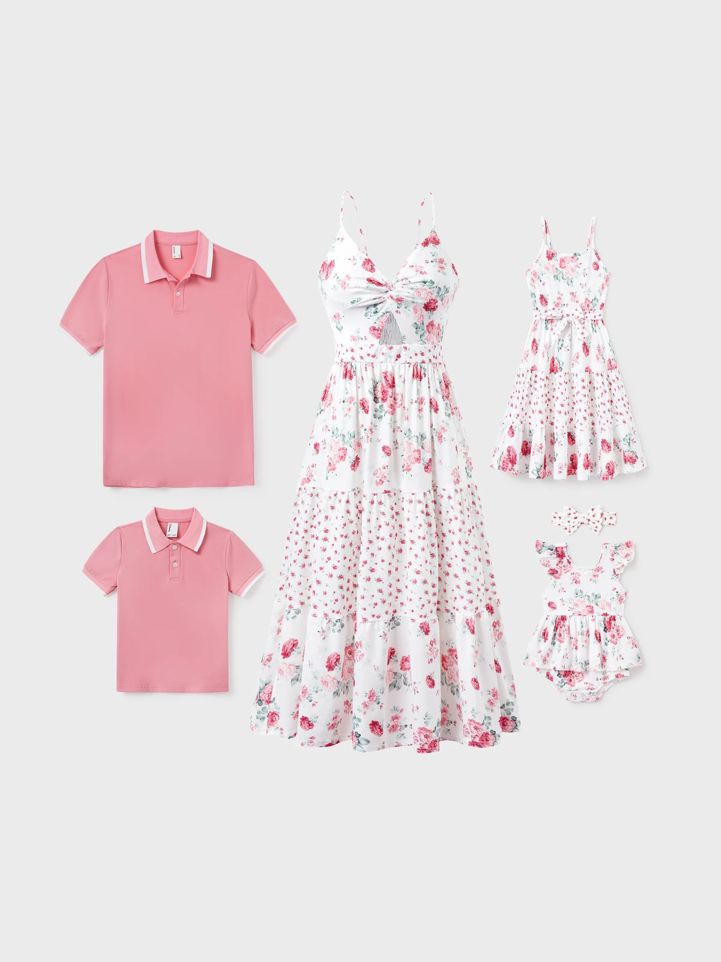 Family Matching Outfits Set Solid Color Short-sleeve Polo Collar Shirt or Flower Print Hollow out Dress  Pink