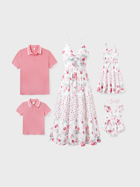 Family Matching Outfits Set Solid Color Short-sleeve Polo Collar Shirt or Flower Print Hollow out Dress  Pink