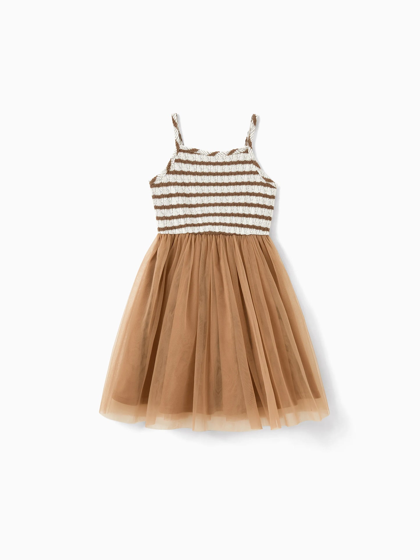 Matching Striped Dresses for Mommy & Me  Twist-Front Dress with Tulle Skirt, Perfect for Summer Family Outings & Photos Khaki