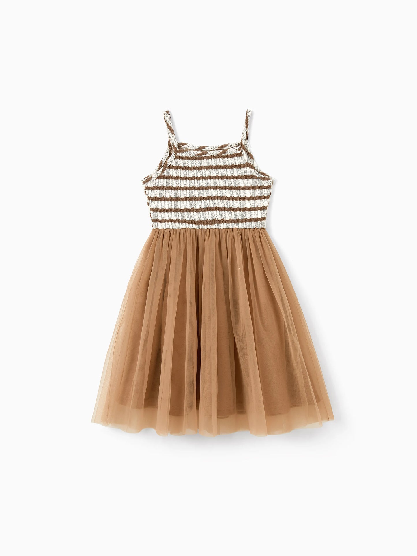 Matching Striped Dresses for Mommy & Me  Twist-Front Dress with Tulle Skirt, Perfect for Summer Family Outings & Photos Khaki