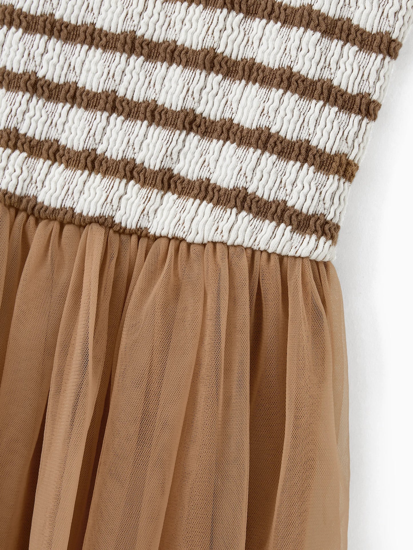 Matching Striped Dresses for Mommy & Me  Twist-Front Dress with Tulle Skirt, Perfect for Summer Family Outings & Photos Khaki
