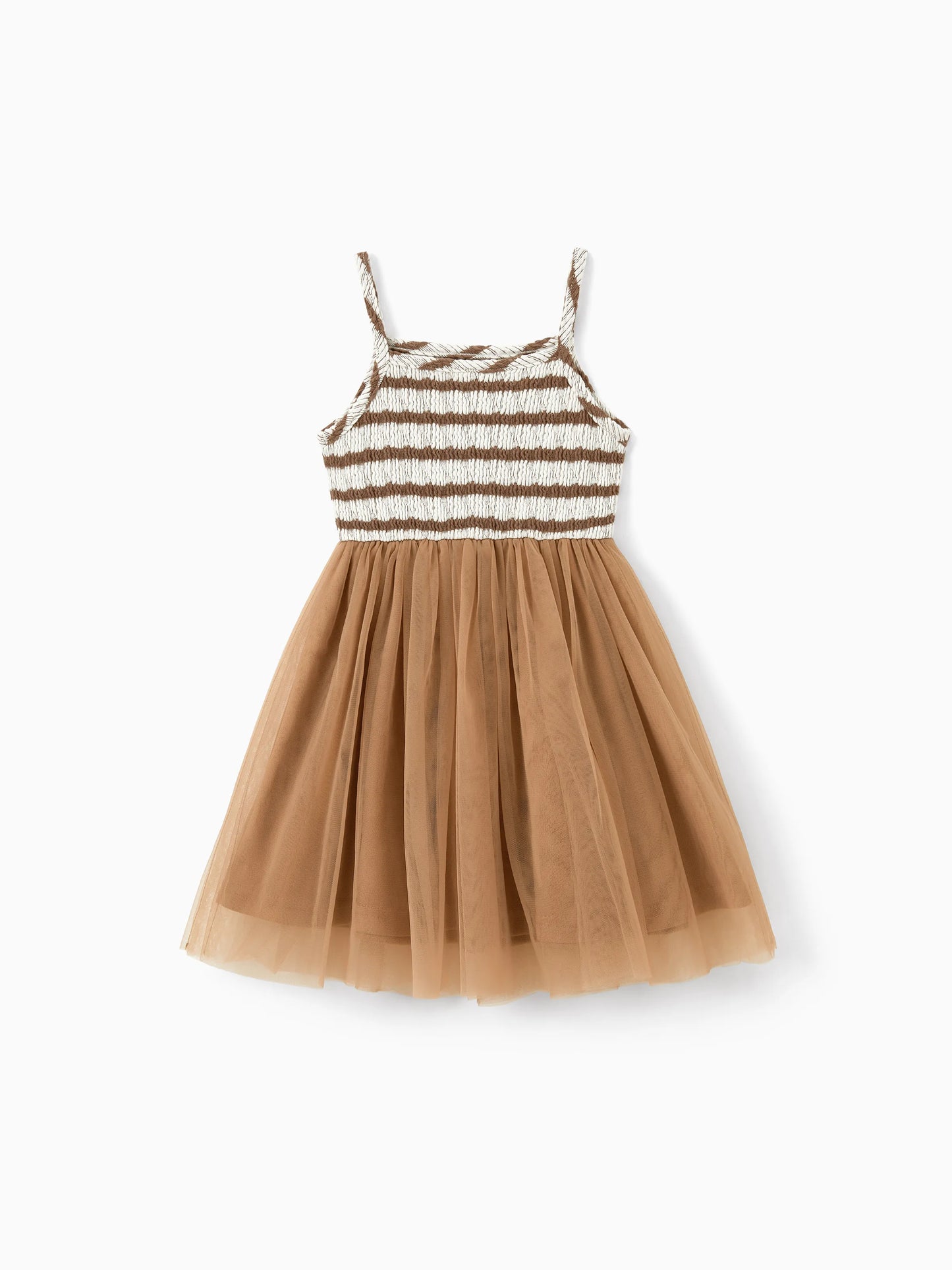 Matching Striped Dresses for Mommy & Me  Twist-Front Dress with Tulle Skirt, Perfect for Summer Family Outings & Photos Khaki