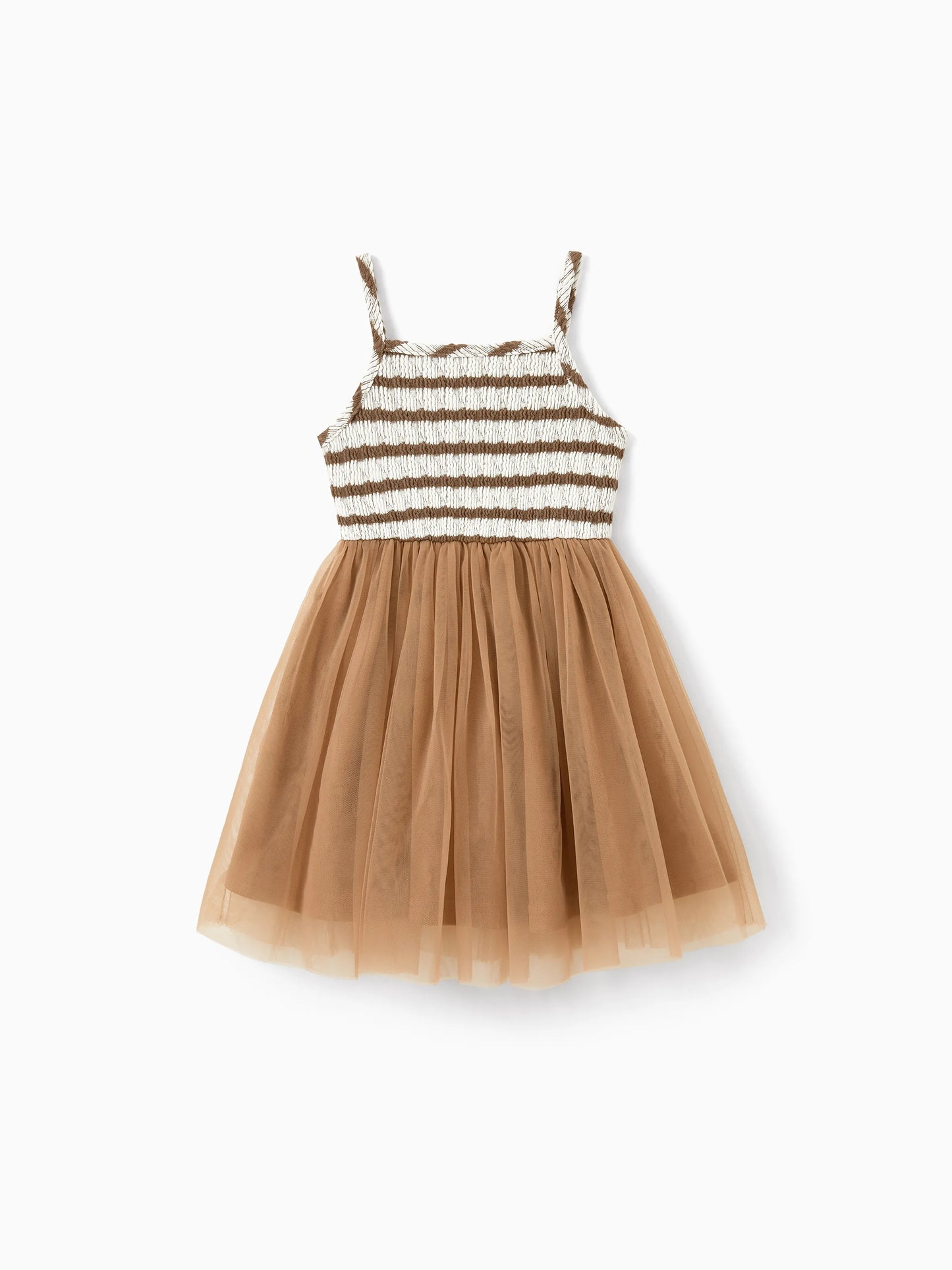 Matching Striped Dresses for Mommy & Me  Twist-Front Dress with Tulle Skirt, Perfect for Summer Family Outings & Photos Khaki
