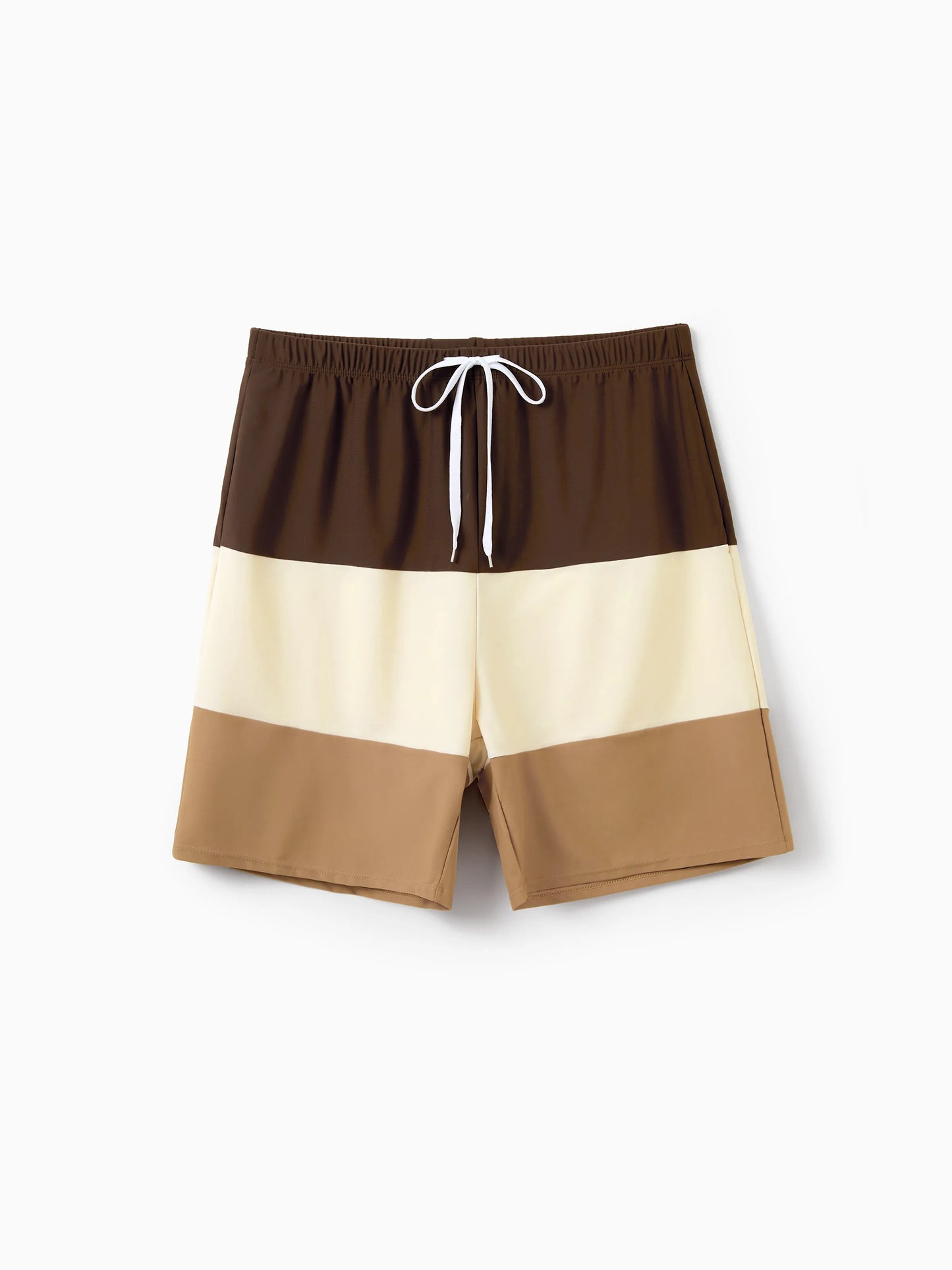 Family Matching Color Block Swimsuits, Mommy and Me One-Shoulder Cutout Bikini Set, Daddy and Son Color Block Swim Trunks, Summer Beach Vacation Swimwear Coffee