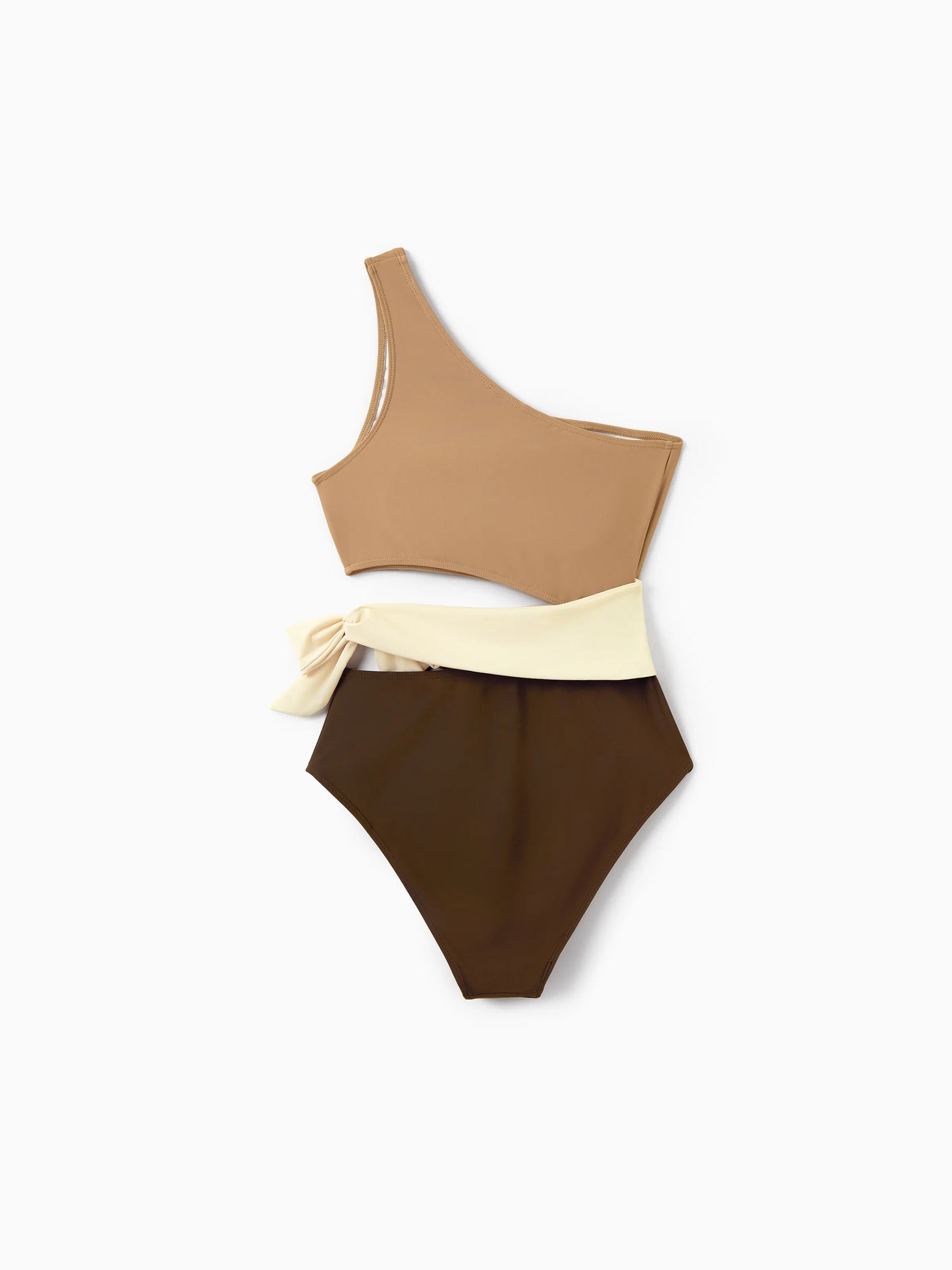 Family Matching Color Block Swimsuits, Mommy and Me One-Shoulder Cutout Bikini Set, Daddy and Son Color Block Swim Trunks, Summer Beach Vacation Swimwear Coffee