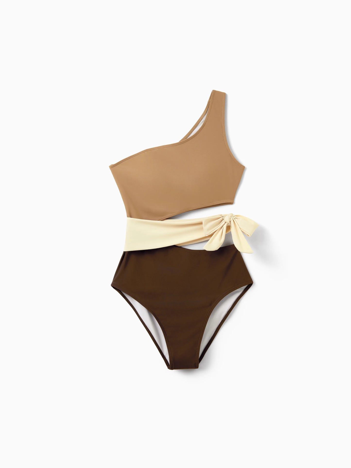 Family Matching Color Block Swimsuits, Mommy and Me One-Shoulder Cutout Bikini Set, Daddy and Son Color Block Swim Trunks, Summer Beach Vacation Swimwear Coffee