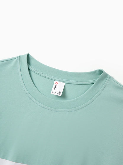 Family Matching T-Shirt & Dress Set Polka Dot Puff-sleeve Dress for Mom, Daughter & Baby, Color Block Cotton Tee for Dad & Son, Perfect for Family Outings & Photos Light Green