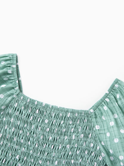 Family Matching T-Shirt & Dress Set Polka Dot Puff-sleeve Dress for Mom, Daughter & Baby, Color Block Cotton Tee for Dad & Son, Perfect for Family Outings & Photos Light Green