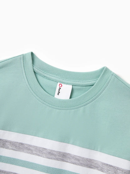 Family Matching T-Shirt & Dress Set Polka Dot Puff-sleeve Dress for Mom, Daughter & Baby, Color Block Cotton Tee for Dad & Son, Perfect for Family Outings & Photos Light Green