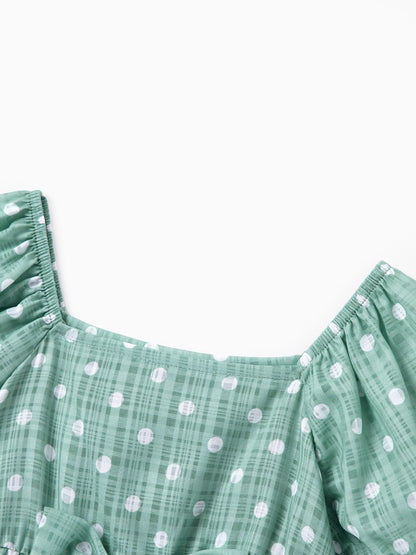 Family Matching T-Shirt & Dress Set Polka Dot Puff-sleeve Dress for Mom, Daughter & Baby, Color Block Cotton Tee for Dad & Son, Perfect for Family Outings & Photos Light Green