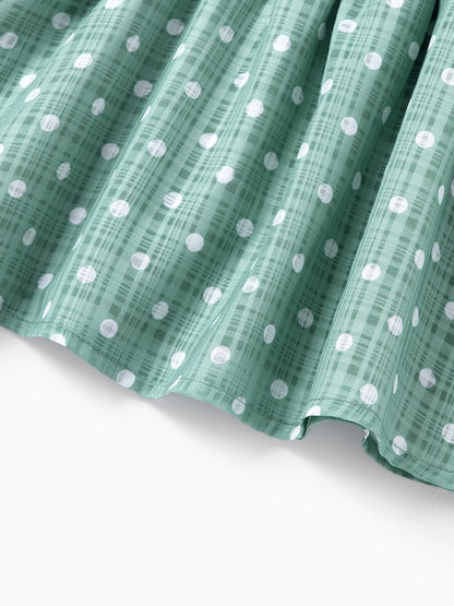 Family Matching T-Shirt & Dress Set Polka Dot Puff-sleeve Dress for Mom, Daughter & Baby, Color Block Cotton Tee for Dad & Son, Perfect for Family Outings & Photos Light Green