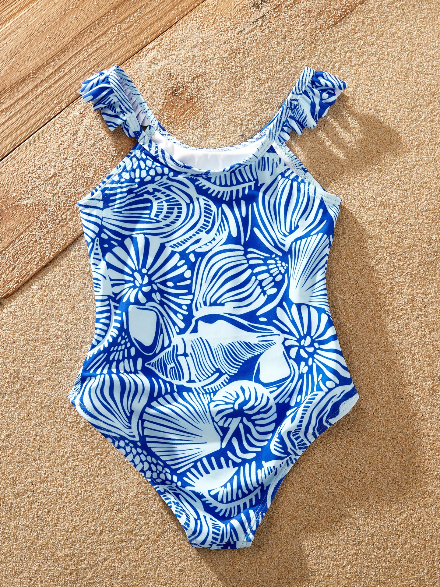 Matching Family Shell Print Swimwear Floral two-piece Bikini & Swim Shorts Set for Mom, Dad, & Kids, Perfect for Beach Days & Pool Parties Blue