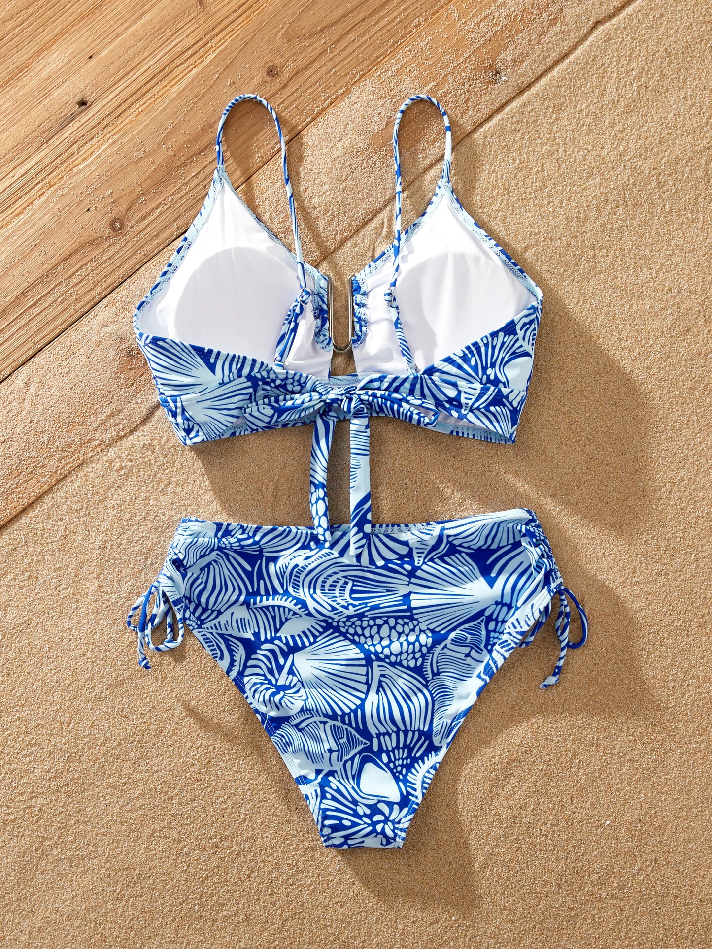 Matching Family Shell Print Swimwear Floral two-piece Bikini & Swim Shorts Set for Mom, Dad, & Kids, Perfect for Beach Days & Pool Parties Blue