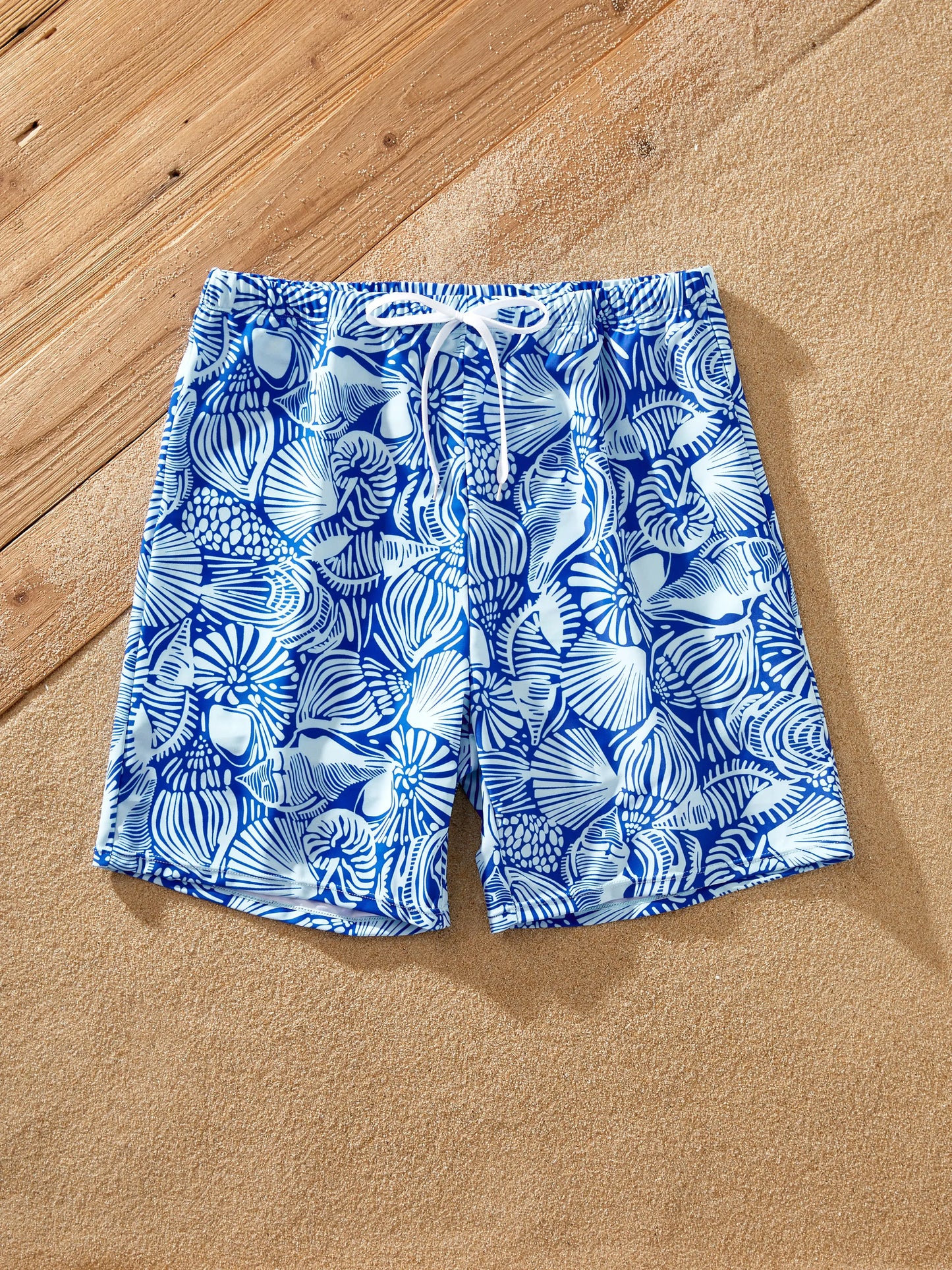 Matching Family Shell Print Swimwear Floral two-piece Bikini & Swim Shorts Set for Mom, Dad, & Kids, Perfect for Beach Days & Pool Parties Blue