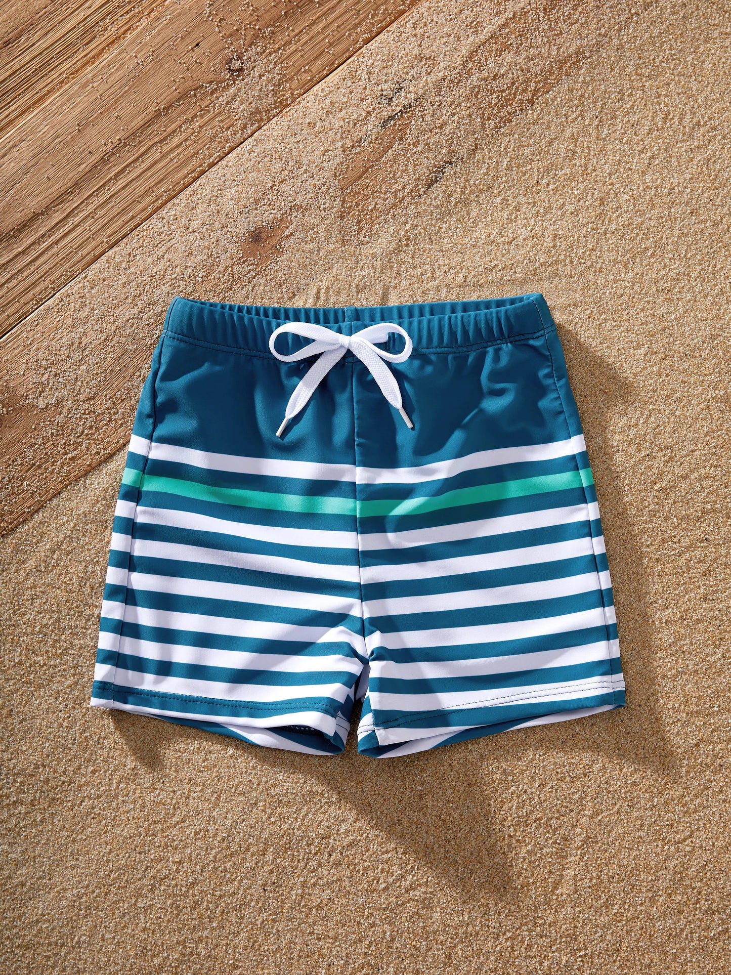 Mommy & me Teal Striped Swimsuits Ruched Bikini & Swim Trunks Set Multi-color