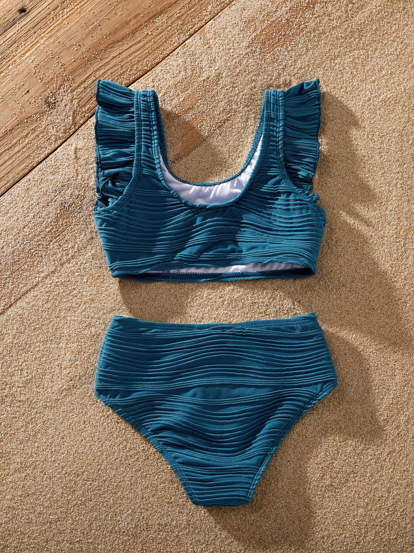 Mommy & me Teal Striped Swimsuits Ruched Bikini & Swim Trunks Set Multi-color