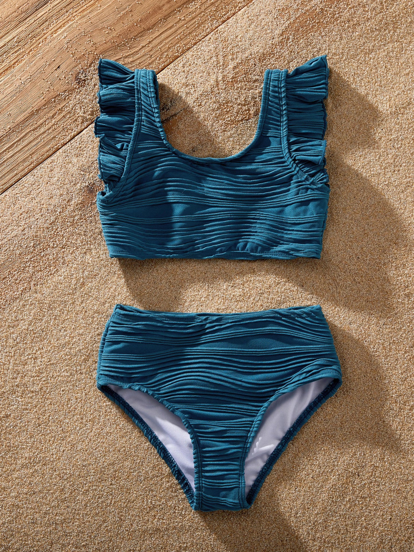 Mommy & me Teal Striped Swimsuits Ruched Bikini & Swim Trunks Set Multi-color