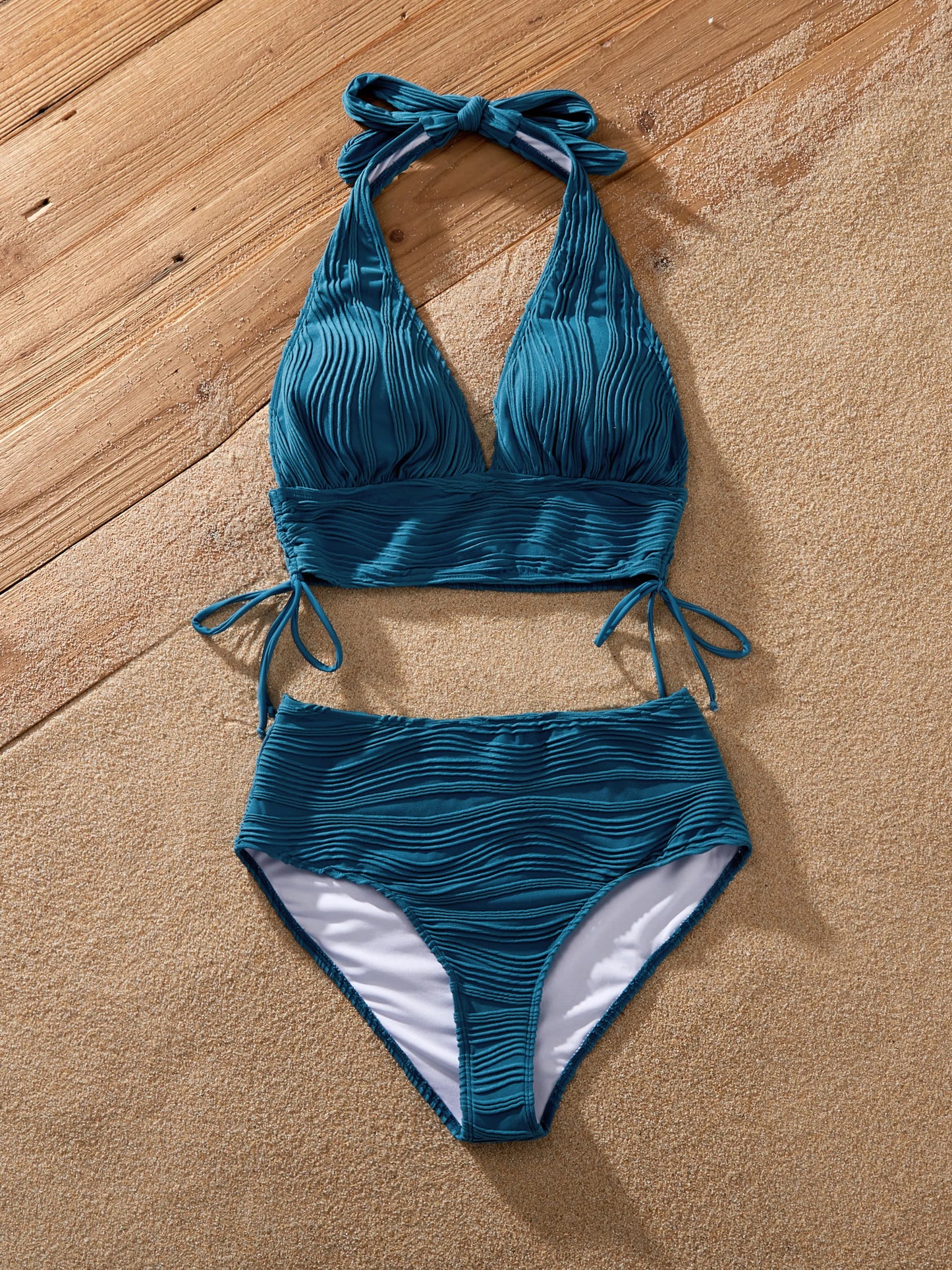 Mommy & me Teal Striped Swimsuits Ruched Bikini & Swim Trunks Set Multi-color