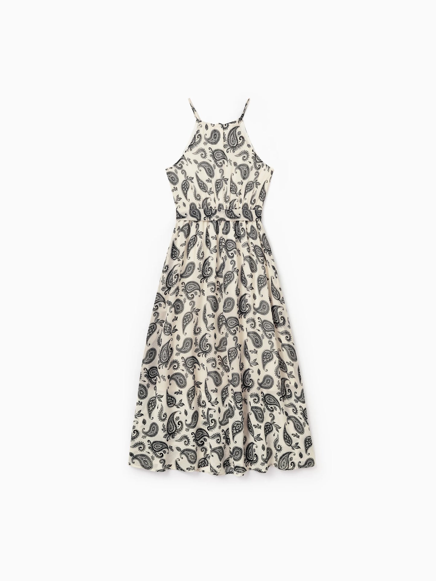 Family Matching Paisley Print Outfits Sleeveless Spaghetti Strap Dress & Cotton T-Shirt for Mom, Dad, & Kids Perfect for Family Outings & Photos
 Black