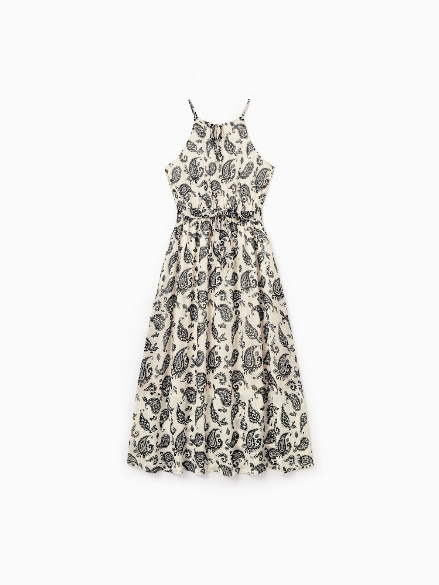 Family Matching Paisley Print Outfits Sleeveless Spaghetti Strap Dress & Cotton T-Shirt for Mom, Dad, & Kids Perfect for Family Outings & Photos
 Black