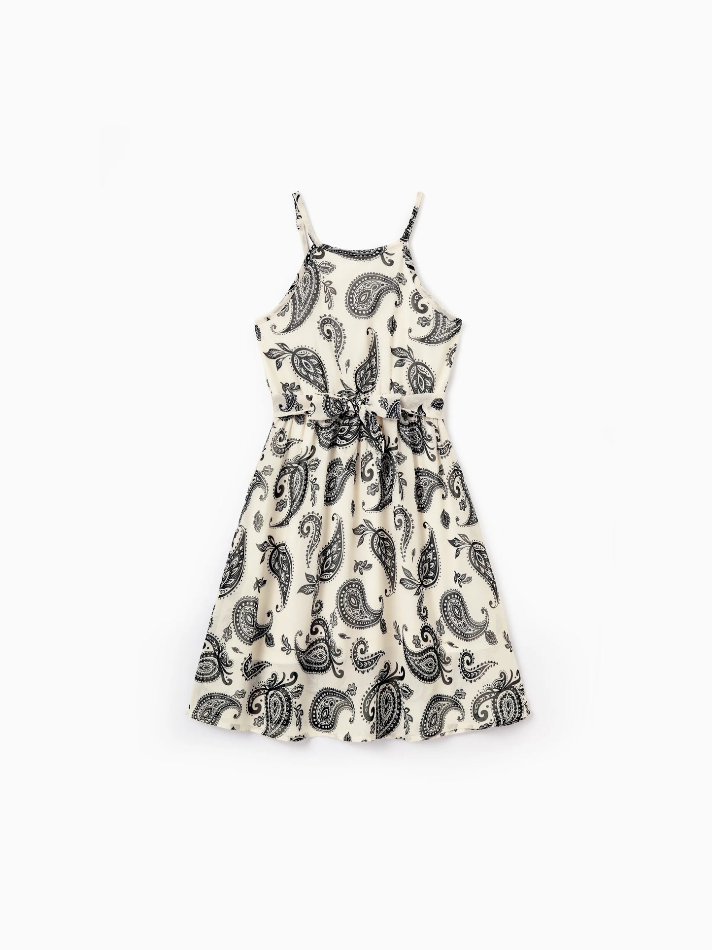 Family Matching Paisley Print Outfits Sleeveless Spaghetti Strap Dress & Cotton T-Shirt for Mom, Dad, & Kids Perfect for Family Outings & Photos
 Black